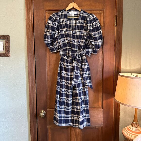 HUNTER BELL Puff Sleeve Plaid Flannel Wrap Tie Dress | blue/beige | Small - Picture 1 of 11